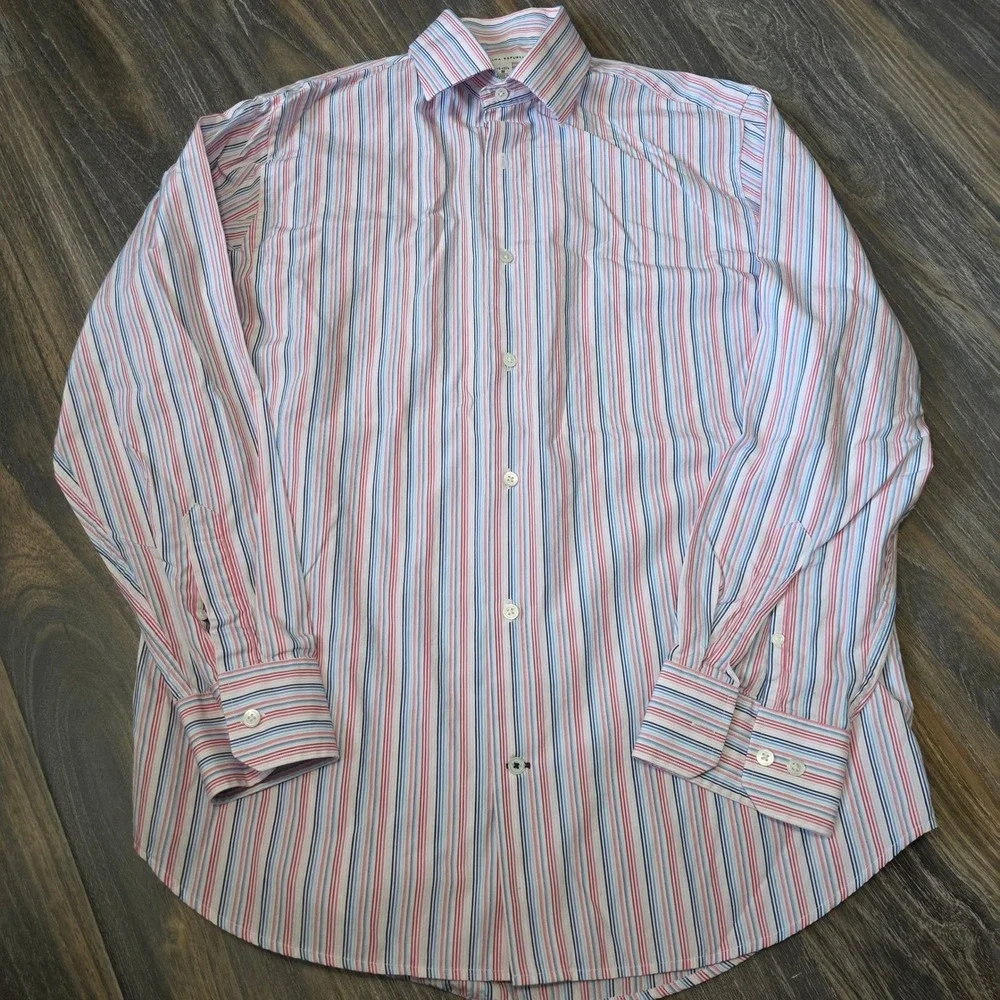 Banana Republic Mens Striped Button Down Shirt Red White Blue Cotton M 15-15.5